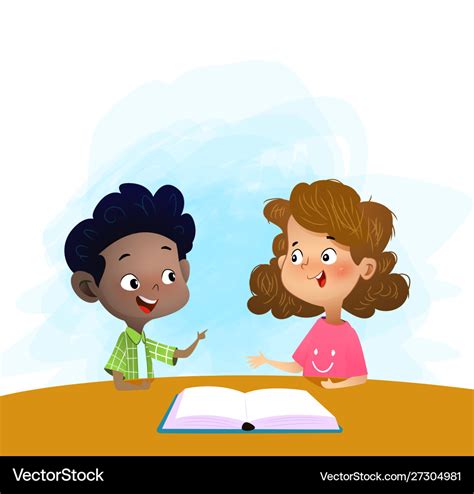 Two Kids Talking And Discuss Book In Library Vector Image