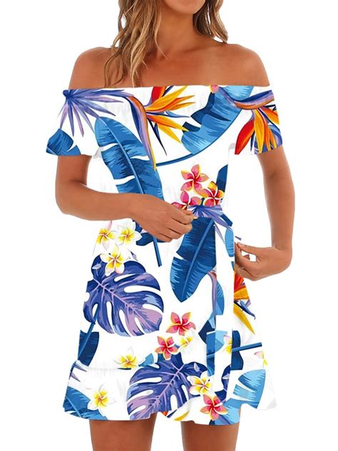 Gemijack Womens Hawaiian Dresses Off The Shoulder Floral Short Sleeve Strapless Summer Beach