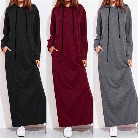 ♀hn♀women Maxi Dress Long Sleeve Hooded Ladies Casual Hoodies Long