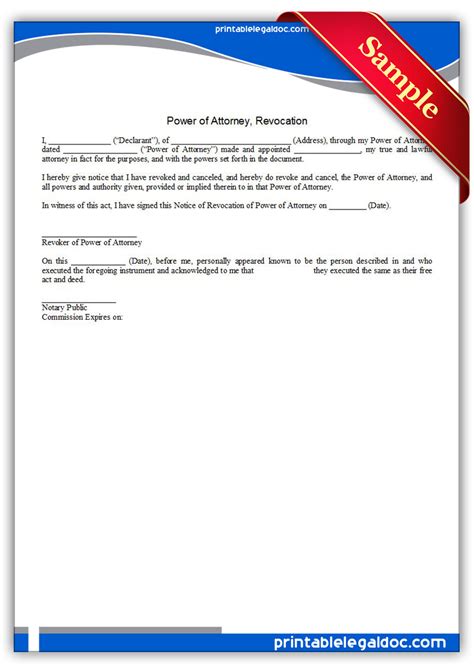 Free Printable Power Of Attorney Revocation Form Generic