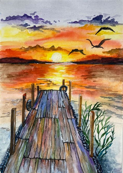 Sunset On The Sea Painting Watercolor Seascape Art Wooden Etsy