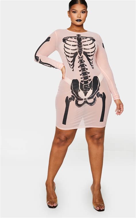 Plus Nude Skeleton Sheer Bodycon Dress Prettylittlething Usa