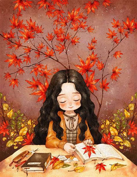 Download Fall Anime Girl Writing With Maple Leaves Wallpaper