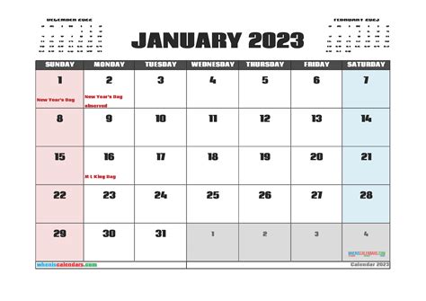 Free Printable 2023 Calendar January With Holidays Pdf And Image Zohal