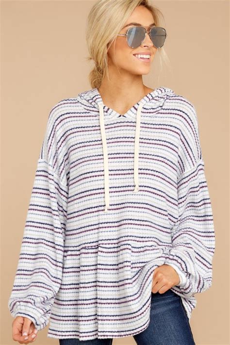 Adorable Blue Multi Stripe Hoodie Fun Oversized Pullover Top 42