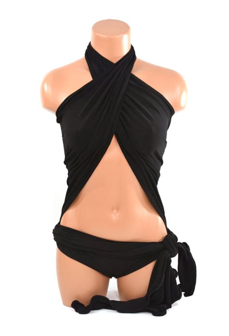 Medium Bathing Suit Classic Black Wrap Around Swimsuit One Wrap Swimwe Hisopal Art~swimwear