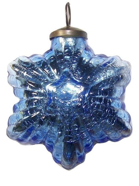 Kugel Star Ornament Blue Crackle Glass With Silver Mercury Lining Bronze Cap Vtg Unknown In