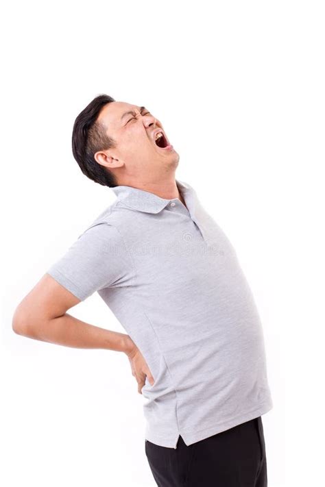 Man Suffering From Back Pain Hand Holding Back Stock Image Image Of