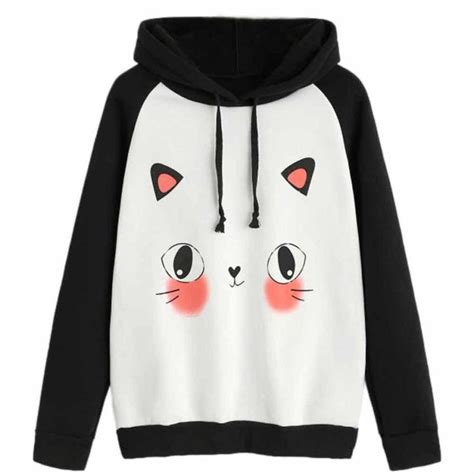 Womens Kawaii Hoodie Cute Cat Print Sweatshirt Drawstring Pullover