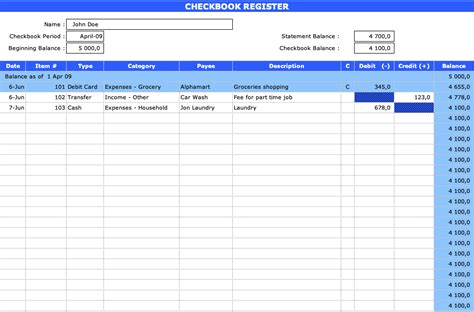 Checkbook Excel Template