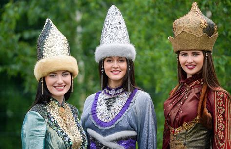 Tatar Women In Traditional Outfits And Hats During A Celebration In Kazan Tatarstan Russia