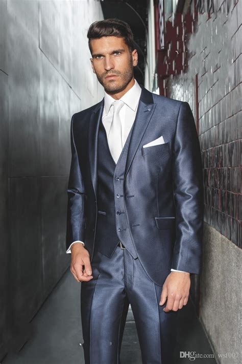 slim fit navy blue handsome wedding ceremony suit groom tuxedos bridegroom suit jacket pants tie