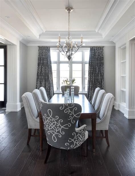 Gray Dining Room With Gray Medallion Curtains Transitional Dining