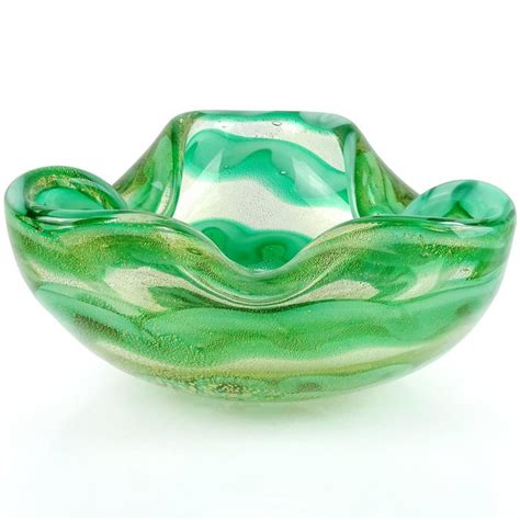 Barovier Murano Green Gold Flecks Swirl Cloud Design Italian Art Glass Bowl For Sale At 1stdibs