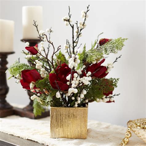 Deep Red Magnolia White Ilex Berry And Cypress Christmas Centerpiece