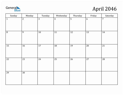 April 2046 Monthly Calendar Pdf Word Excel