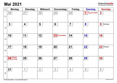 Kalender Mai 2021 Als Excel Vorlagen