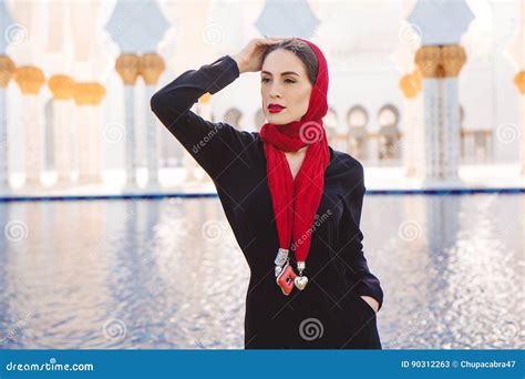 Fashion Woman In Grand Mosque In Abu Dhabi Stock Image Image Of Arab
