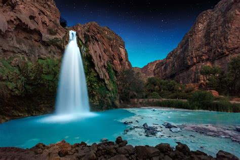 Nature Landscape Waterfall Starry Night Trees Rocks Turquoise