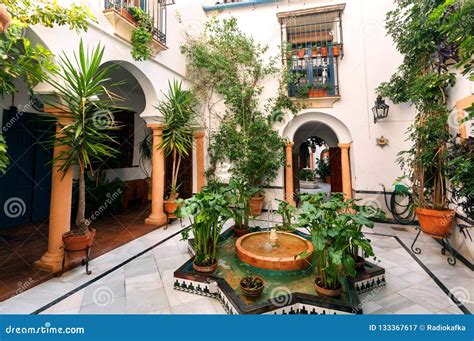 Traditional Courtyard With Columns Fountain Decor Of Andalusia