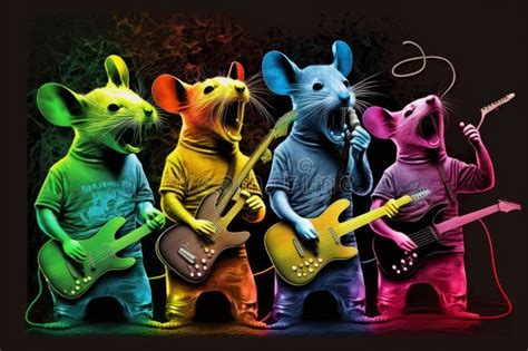 Group Of Three Mice Playing Guitar And Singing Generative Ai Stock
