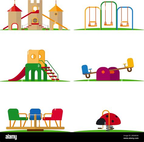 Kids Playground Elements Vector Carousel And Children Slide Swing And