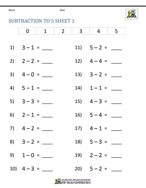 Kindergarten Subtraction Worksheet Printable