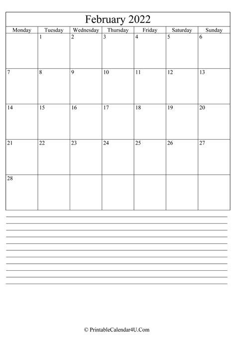 Printable February Calendar 2022 With Notes Portrait