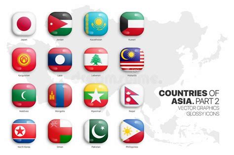 Asian Countries Flags Vector 3d Glossy Icons Set Isolated On White