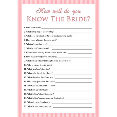 Personalized Printable How Well Do You Know The Bride Game Stripes Personalized Brides