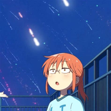An Anime Girl With Red Hair And Glasses Looking Up At The Stars In The Sky