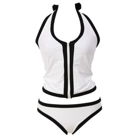 Sporty Style Halter Neck Zippered Black And White Tankini For Women