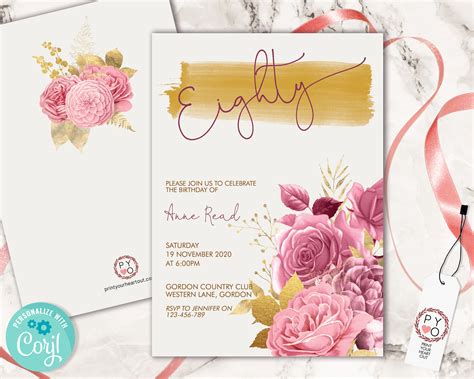 80th Birthday Pink Gold Floral Invitation Printable Template Eighty