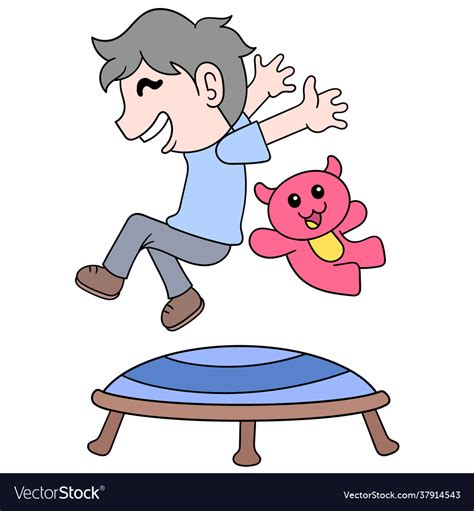 Boy And Teddy Bear Jumping On Trampoline When Vector Image