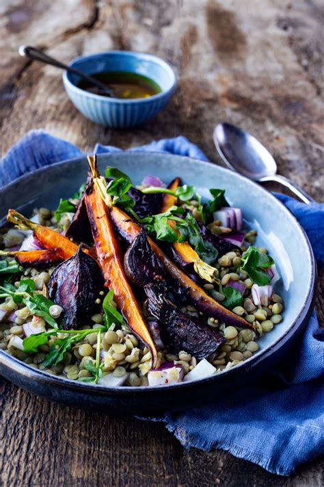 Roasted Beet And Carrot Lentil Salad With A Red Wine Vinegar And Grainy