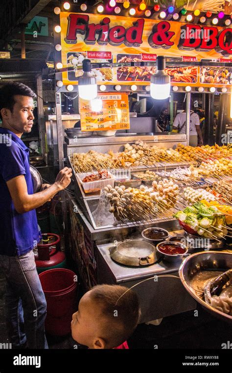 Fried And Bbq Meat Skewers Stall At Jalan Alor Food Street And Night