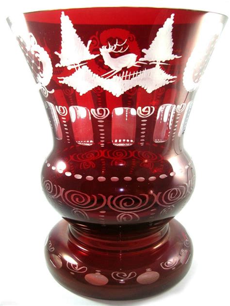 2 Large Antique Egermann Ruby Red Cut To Clear Glass Urn Vases Made In Bohemia