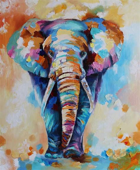 Colorful Elephant Painting Animals Multicolor Art Oil Canvas Etsy