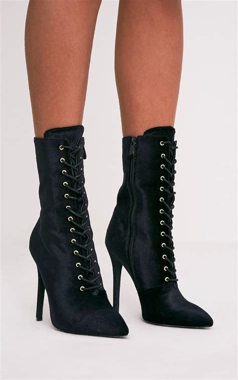 savia black crushed velvet lace up heeled boots high heels prettylittlething prettylittlething