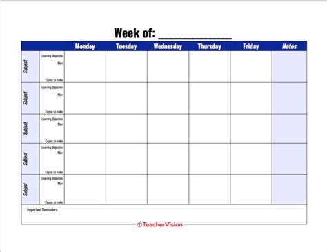Weekly Lesson Plan Template Teachervision