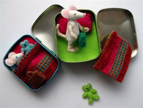 Tins Of Tiny Felt Mice With Blankets Suitcases And Teddy