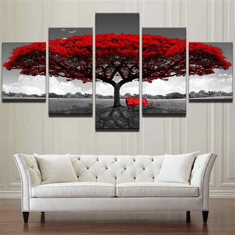 5 Panels Big Size Canvas Print Pictures Modern Red Tree Scenery Wall