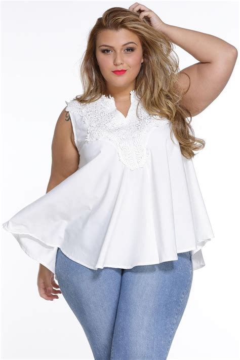 Sleeveless White Embroidered Design Chic Plus Size Blouse Top Plus
