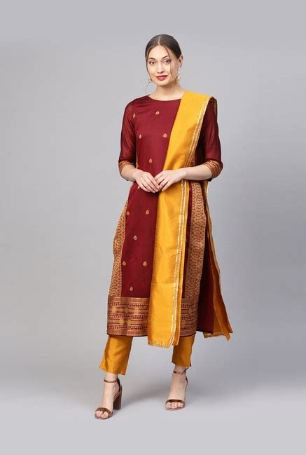 Buy Jaipur Kurti Maroon And Mustard Cotton Printed Kurti Pant Set For Women Online Tata Cliq