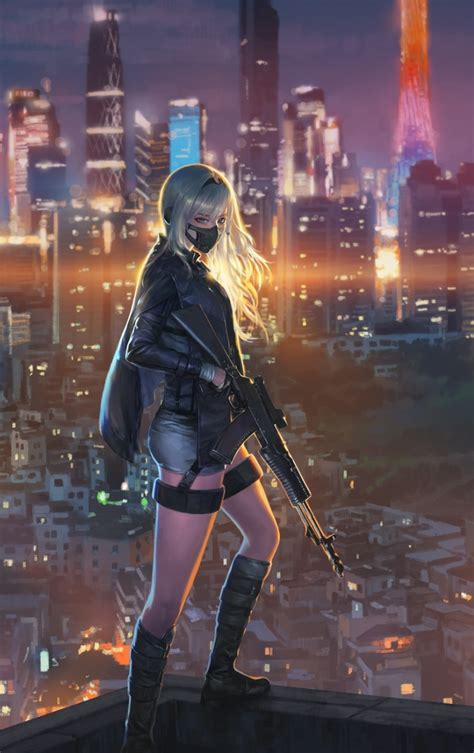 Download 840x1336 Wallpaper Sniper Girl Cityscape Anime Girl Art