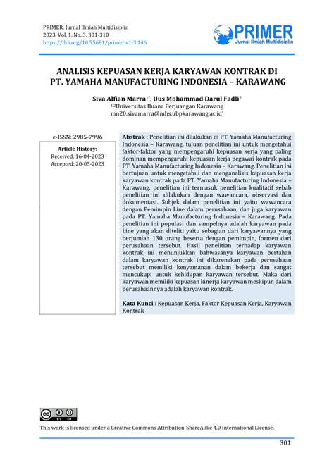 Pdf Analisis Kepuasan Kerja Karyawan Kontrak Di Pt Yamaha