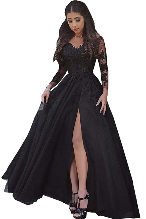 Sexy Black Lace Tulle Prom Homecoming Dresses High Slit Long Sleeve Formal Ball Gown For Women