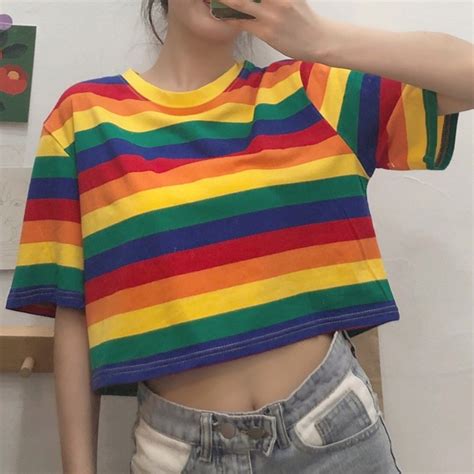 Camiseta Harajuku Con Rayas De Arco Iris Para Mujer 2020 Camiseta De