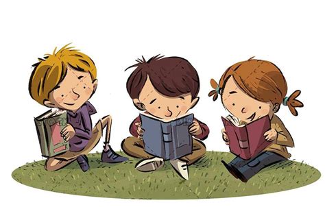 Tres niños leyendo libros sentados en el césped Dibustock