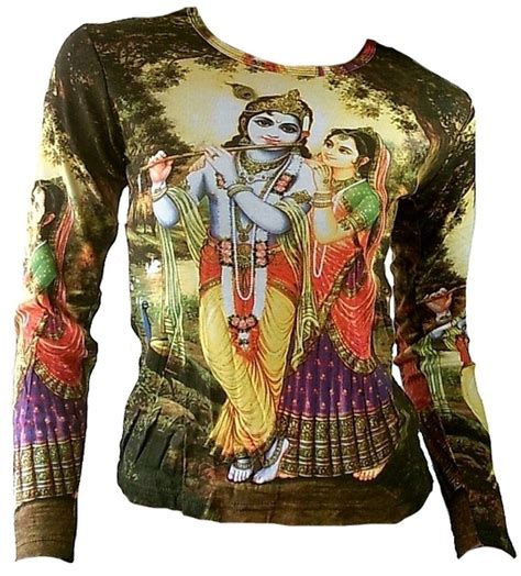 Ticila Damen Langarm T Shirt Grün Hindu Deities Lord Krishna Und Radha Bhakti Mit Flöte
